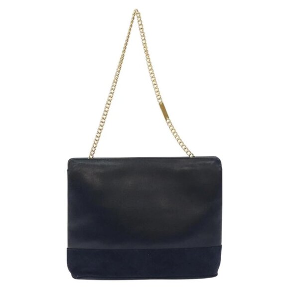 Salvatore Ferragamo Chain Shoulder Bag Leather Navy Gold Auth 125711 - Picture 1 of 16